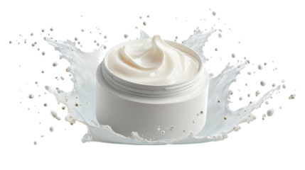 Moisturizing cream in a jar splashing water, isolated on white background.