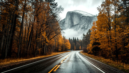 A winding road leads through a forest of autumn trees with orange and brown leaves, towards a misty, rocky mountain in the background.