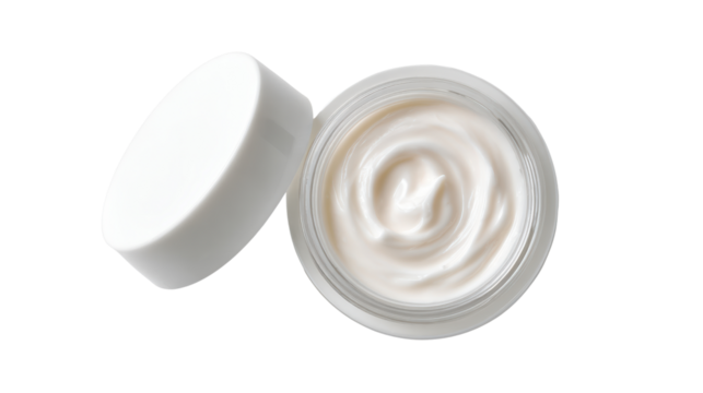 Moisturizing cream in an open jar on a white isolate background.