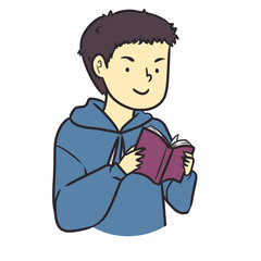 Asian College Student Wearing Oversized Hoodie Reading a Book with Focused and Relaxed Expression – Youth Education Illustration
