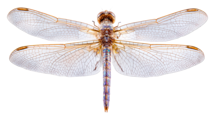 Realistic dragonfly with intricate wings, white isolated background.
