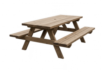Wooden picnic table with attached benches isolated on transparent background