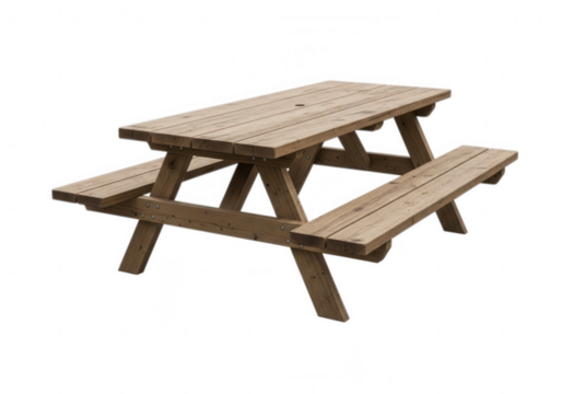Wooden picnic table with attached benches isolated on transparent background