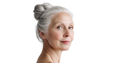 Senior woman with beautiful gray hair, looking confidently to the side against a white background.