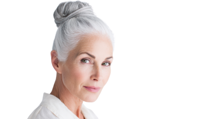 Senior woman with silver hair, looking confidently at the camera against a white background.