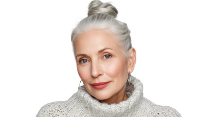 Senior woman with gray hair and a warm smile, wearing a cozy sweater, portrait on a white isolated background.