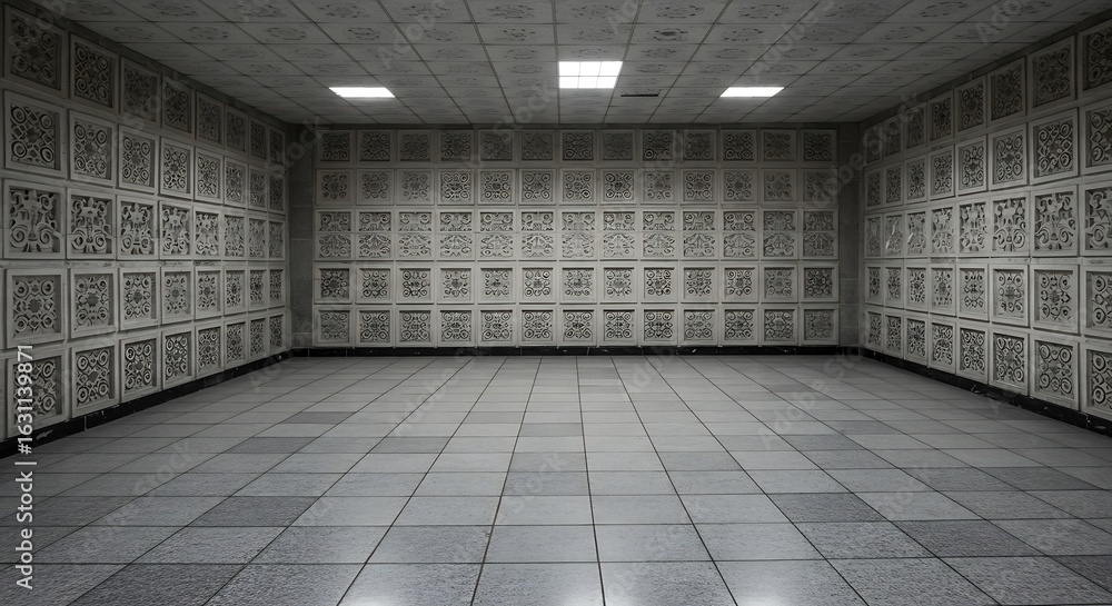 Poster empty square room with ceramic granite tiles pattern with a relief structures on wall