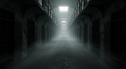 Front view of never-ending prison corridor. Surrounded by prison cells. Gloomy mood. Fog, rays, daylight.