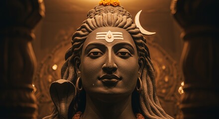 Close-up of a detailed Shiva statue with a crescent moon and symbolic markings, set against a warm, softly lit background.