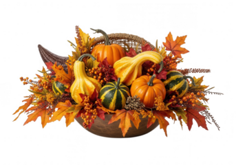 Autumn harvest cornucopia filled with gourds and fall leaves isolated on transparent background