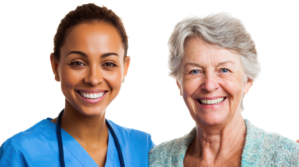 Smiling healthcare professional with elderly patient, white isolate background