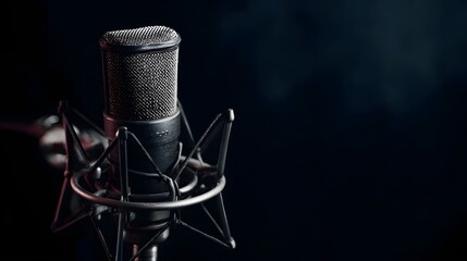 Close up of a professional studio condenser microphone with shock mount  long title This high  image showcases the detailed design of a studio