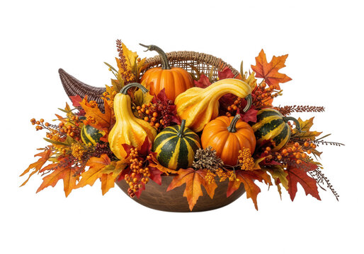 Autumn harvest cornucopia filled with gourds and fall leaves isolated on transparent background