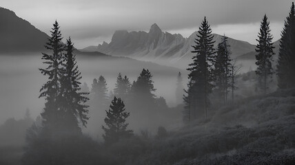 Moody black and white forest landscape with fog and mountains