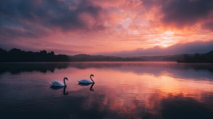 Naklejka premium Swans gliding on a tranquil lake at sunset