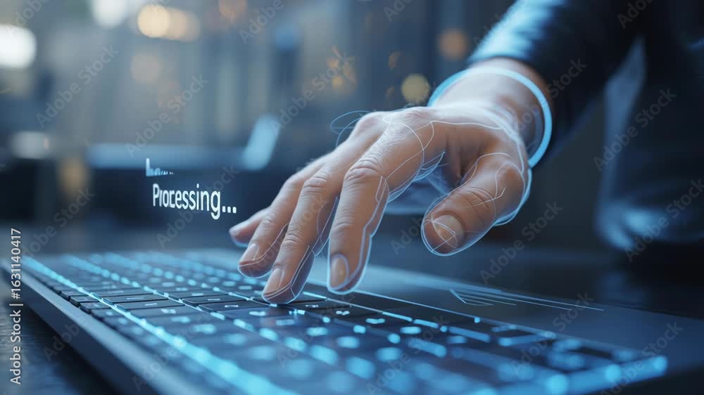 Poster ai customer support ecommerce. futuristic hand typing keyboard digital processing artificial intelli