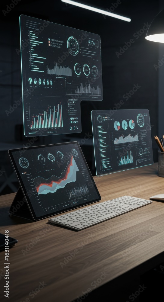 Poster modern workplace analytics dashboard displays data insights on tablet and holographic screens
