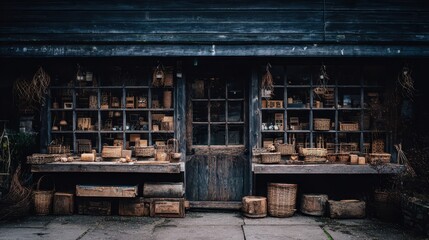Exterior view of a rustic shop with displays of wooden and wicker goods.