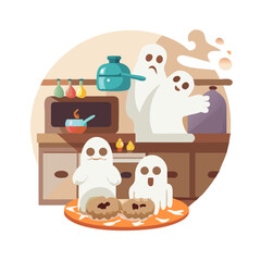 Naklejka premium Ghosts are cooking spooky treats in the kitchen for halloween party