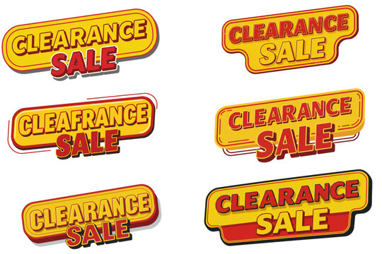 Six yellow and orange "Clearance Sale" promotional badges, isolated on white background for end-of-season sales and inventory reduction