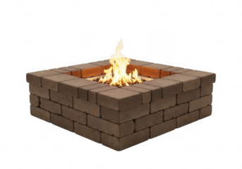 Square brick fire pit with flames isolated on transparent background