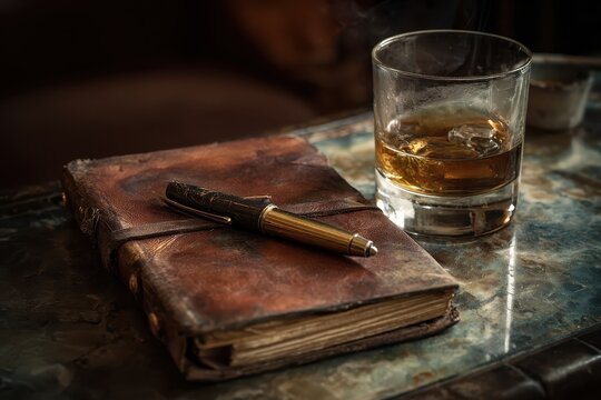 Whiskey, Leather Journal, and Pen on Marble Tabletop in Dim Light, Relaxing Still Life.