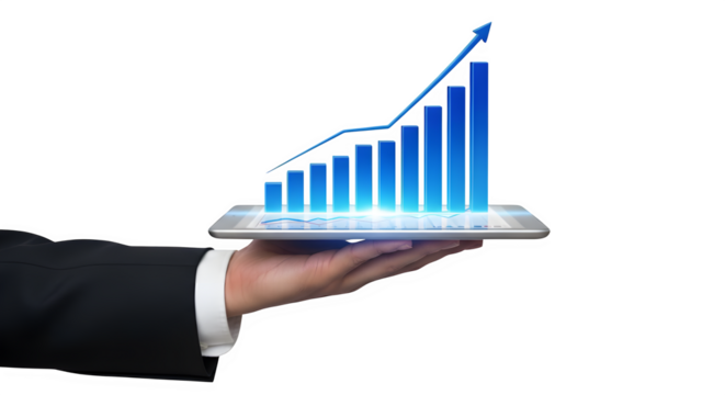 Confident professional presents dynamic upward trending blue bar graph on tablet, showcasing business growth and financial success.