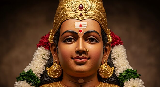 Close-up portrait of a Hindu deity, adorned with elaborate gold jewelry and floral garlands.