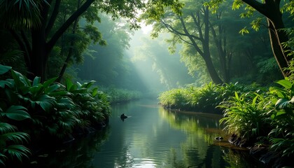 Obraz premium Tranquil River Flowing Through Lush Green Jungle Reflective Water Mirroring Thick Canopy Dappled Sunlight