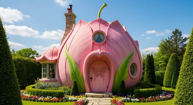 Whimsical pink tulip shaped house in lush garden