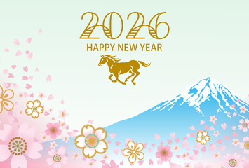 2026年　午年　年賀状 - 走る馬と桜吹雪　富士山背景