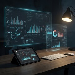Fototapeta premium Advanced Data Analytics Dashboard Displaying Real-time Business Intelligence on a Modern Workplace Setup