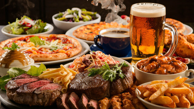 Delicious food spread featuring steak pizza salad beer and coffee drink
