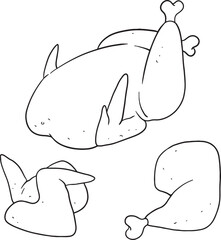 A simple hand-drawn illustration featuring a whole chicken, a chicken wing, and a chicken thigh-drumstick. This black and white sketch is perfect for adding a touch of rustic, homemade feel to menus.