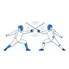 Obraz premium Fencers in action, fencing athletes competing in a modern dueling match, competitive sport concept