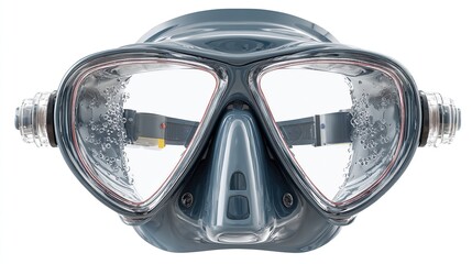 A dark-grey diving mask with two large, clear lenses, a silicone skirt, and adjustable straps, showing water droplets on the inside of the lenses.  The mask features a nose pocket and side buckles