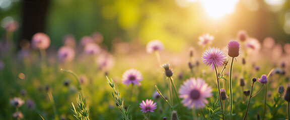 Close-up of a blooming wildflower garden in early spring, with soft morning light filtering through dense foliage creating dappled shadows. Soft blurs around blurred flowers, emphasizing their dewy fr