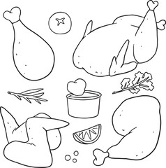 Hand-drawn chicken parts and whole chicken illustration. A collection of poultry meat sketches including drumstick, thigh, wing, and a whole roasted chicken, with some herbs and spices.