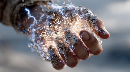 Electrifying finger radiating blue neural energy surrounded by inspired people, symbolizing brain signal transmission, emotional connection, and human consciousness activation
