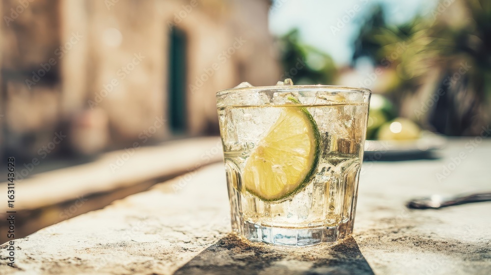Poster refreshing drink garnished with lime slice on a patio.