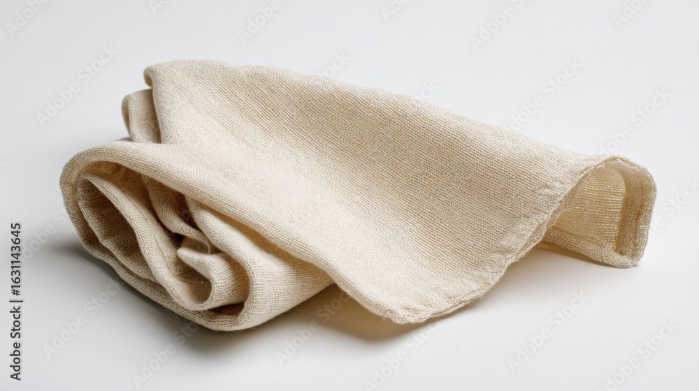 Poster a neatly folded beige cloth rests on a pale surface. the fabric displays a soft texture, emphasizing