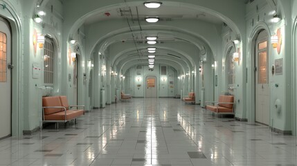 Obraz premium Hospital hallway with doors on both sides, chairs along the walls, dark gray floor and walls, captured in realistic photography with a cinematic atmosphere