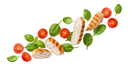 Juicy grilled chicken slices with fresh basil leaves and vibrant cherry tomato halves, perfect for healthy meal prep and culinary inspiration.