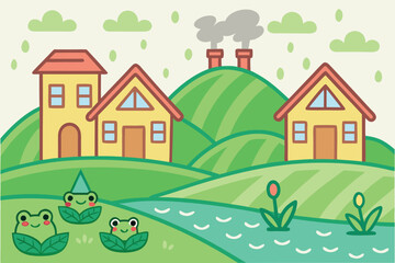 Naklejka premium Cartoon frogs peek from leaves near village houses along the countryside river