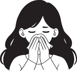A black and white line art illustration of a woman sneezing or blowing her nose, holding a tissue to her face. Perfect for designs related to colds, flu, allergies, sickness, health, and hygiene.