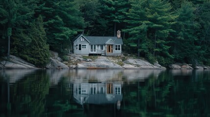 Naklejka premium Tranquil cabin nestled on a rocky lakeshore.