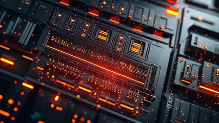 Futuristic circuit glows with orange streams for advanced technology digital infrastructure innovation processing system high-speed network data concept - Powered by Adobe