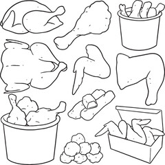 A comprehensive hand-drawn illustration set of various chicken products. It includes a whole chicken, different parts like drumsticks and wings, as well as classic fried chicken items such as nuggets.