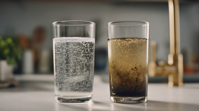 Comparison of clean sparkling water and dirty contaminated water in two clear glasses on kitchen counter, symbolizing water pollution, purification, health, safety, and clean drinking access

