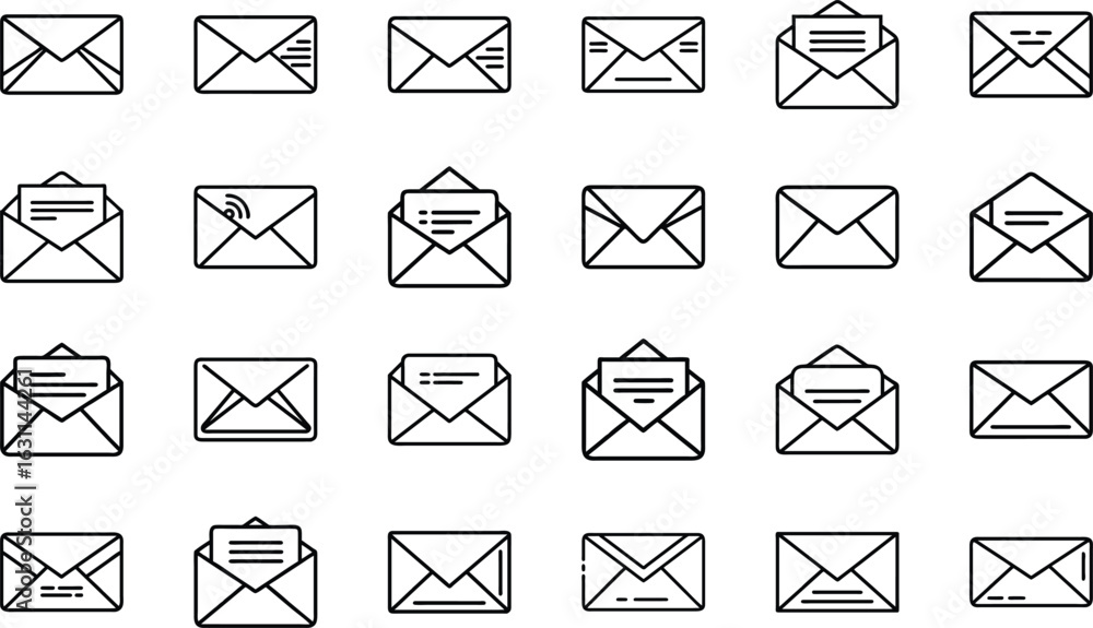 Poster collection of vector envelope icons depicting email communication and messaging services